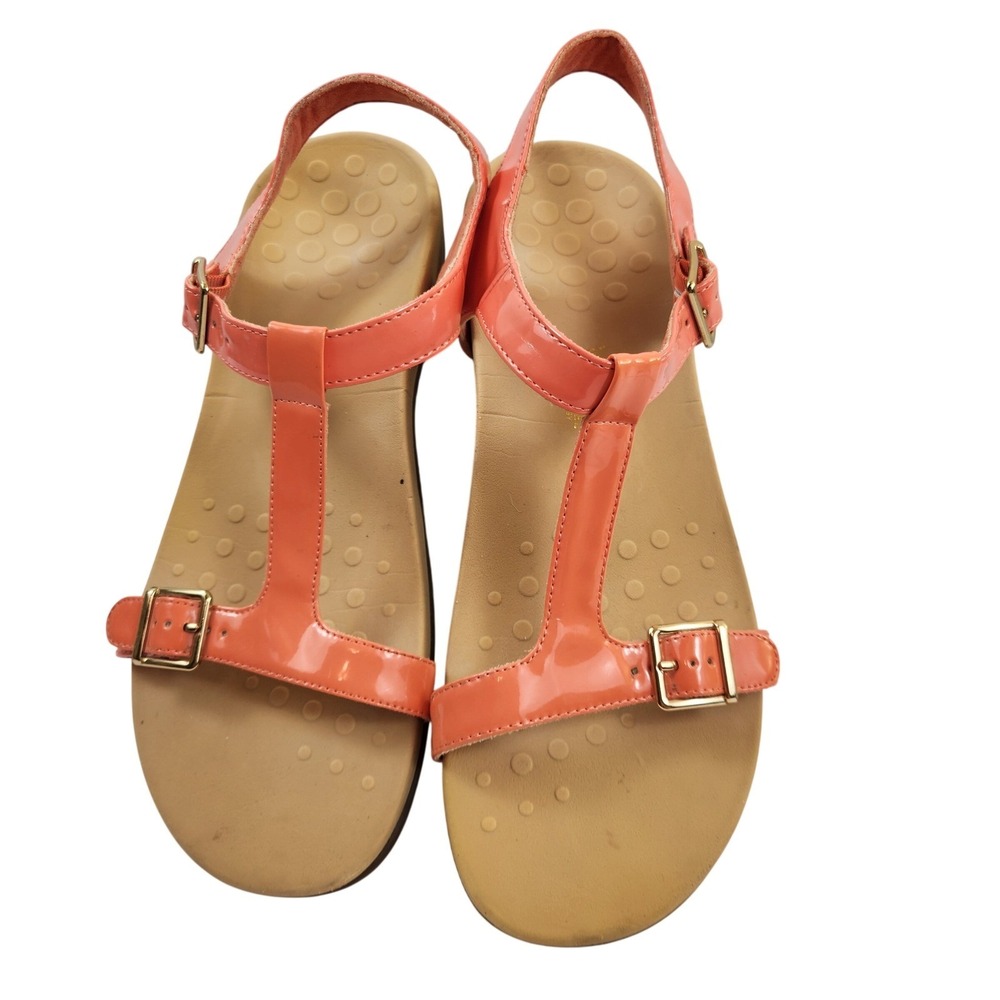 Vionic Womens Adrianne Coral Patent Leather Strappy Wedge Sandals Size 11 Flats